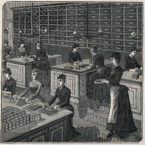 Fabrication de plumes métalliques : tri et emballage des plumes dans une usine en France au XIXe siècle. Gravure de 1885 dans « Les arts et métiers illustrés » par Adolphe Bitard.