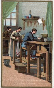 Fabrication de la porcelaine : tournage. Chromolithographie de la fin du 19e siècle.