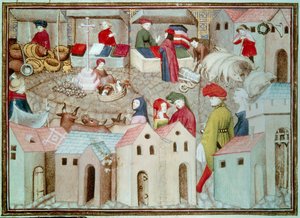 Marché de Champeaux à Paris. Marchands de bétail et de volaille, drapiers. Miniature tirée de "Le Chevalier Errant" de Thomas de Saluces (Tommaso III di Saluzzo), vers 1403-1404. Paris, B.N.