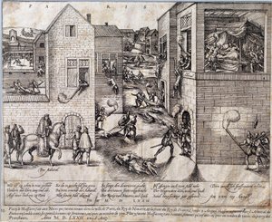 Massacre de la Saint-Barthélemy à Paris dans la nuit du 24 août 1572. Gravure du 16e siècle. Pau, Musée du Château