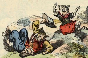 Maître renard joue avec Petite Chevrette. Illustration du conte "Bon Médor et Petite Chevrette". Dans "Contes de la maison pour les petits". Gravure anonyme du 19ème siècle - Unknown artist