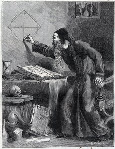 Mathématiques et Géométrie : Chercheur scientifique de la quadrature du cercle au XVIe siècle. Gravure dans « La Nature » 1890. Collection privée.