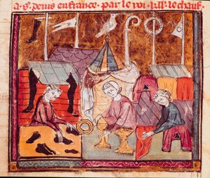 Marchands (cordonnier, orfèvre, marchand de tissus) à la foire de Lendit près de Saint Denis Miniature des Grandes Chroniques de France 1375-1379 Bibliothèque municipale, Castres