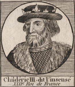 Dynastie mérovingienne : Portrait de Childéric III (714-755) Roi des Francs - Childéric III (d. 754) Roi des Francs, 741-751, et dernier des Mérovingiens - gravure de "Instruction sur l