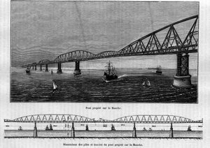 Projet de pont métallique sur la Manche : en haut, le pont une fois terminé ; en bas, les dimensions des piles et travées du pont projeté. Gravure dans « Le Journal de la jeunesse »