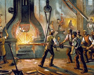 Métallurgie : marteau à tambour - Fabrication du fer (chromolithographie de 1890) - Unknown artist