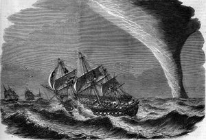 Phénomène météorologique : une trombe marine. Gravure de Linton dans «The Illustrous World» n°49 du 20 mars 1858