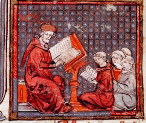 Moyen Âge : Une classe de philosophie, le professeur et ses élèves Miniature des Grandes Chroniques de France 1375-1379 Bibliothèque municipale, Castres