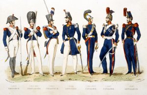 Uniforme militaire : chasseur (1815), grenadier (1815 - 1830), chasseur (1830), officier (1848), cavalier (1815 - 1830), cavalier (1848), artilleur (1848) - dans « Fastes de Gardes nationales de France »