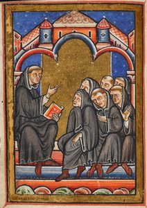 Miniature de Cuthbert enseignant aux moines dans le monastère de Lindisfarne, du chapitre 16 de la vie en prose de Bède de Saint Cuthbert