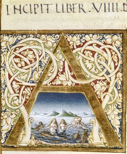 Miniature représentant des sirènes. Lettrine « A » - dans « Naturalis Historiae » de Pline l