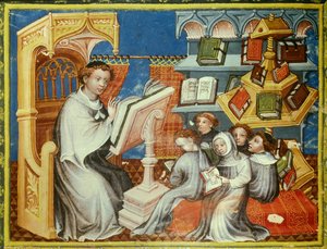 École monastique du couvent des ermites de Saint-Augustin à Paris : un moine sur une chaire lit une leçon avec des adolescents tonsurés mais aussi avec des laïcs. À droite, une roue de livre. Miniature dans la "bible historiale" de Pierre Comestor - Unknown artist