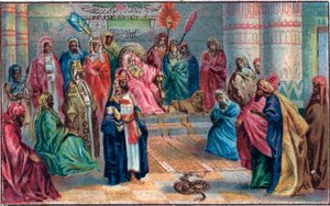 Moïse et Aaron contre le pharaon en colère. Chromolithographie de la fin du XIXe siècle.
