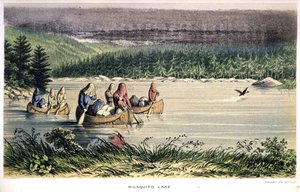 Lac des Moustiques au Canada : Indiens traversant le lac en canoë avec des moustiquaires sur la tête - dans « Exploration of the Labrador Peninsula » par Hind, Londres