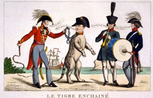 Napoléon Ier en tigre enchaîné tenu par un officier britannique avec un fouet. La Russie et l