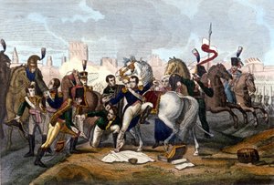 Napoléon Ier blessé devant Ratisbonne le 23 avril 1809 (gravure du 19ème siècle)