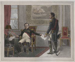 Napoléon signant son abdication 1814 - Napoléon Bonaparte (1769-1821) à Fontainebleau lors de sa première abdication, signée en avril 1814 - gravure dans "Les Fastes populaires, ou Histoire des actes héroïques du peuple et de son influence sur les sciences
