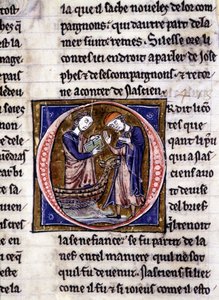 Nascion reçoit le livre (?). Manuscrit : Conquête du Saint Graal, écrit 717 ans après la passion de notre seigneur. Bibliothèque municipale de Rennes, ms. 255 (Collection de romans de la Table Ronde) ; Paris