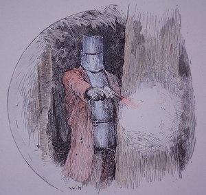 Ned Kelly portant son armure faite maison, en confrontation avec la police (gravure coloriée à la main)