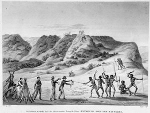 Nouvelle-Hollande, baie des Chiens-Marins, péninsule de Péron : rencontre avec les Indiens (rencontre entre Aborigènes et colons) - gravure, début 19ème siècle