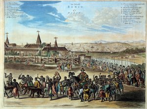 Nigeria, capitale du royaume du Bénin, sortie solennelle du roi Houegbadja (1645-1689), à Obamey en 1680. Gravure de 1686. Paris, Arts africains et océaniens. - Unknown artist