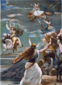Mythologie nordique : Les Walkyries (vierges guerrières) à Valholl (ou Walhalla, Valhalla, Valhalle : lieu où sont amenés les guerriers courageux) et la chute des guerriers au combat. Chromolithographie du 19ème siècle - Unknown artist