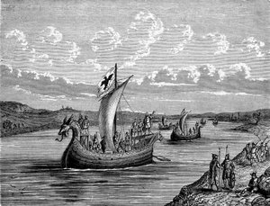 Navires normands sur une rivière (gravure)
