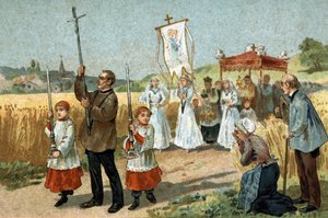 Ancienne coutume célébrée dans la région du Berry : la procession dans le blé. Fête religieuse. Chromolithographie de la fin du 19ème siècle.