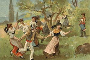 Ancienne coutume célébrée dans la région de Provence : la farandole pour les fêtes de la récolte des vers à soie. Chromolithographie de la fin du 19ème siècle - Unknown artist