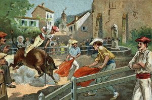 Ancienne coutume célébrée dans la région de Biscaye : Courses landaises dans un village. Chromolithographie de la fin du 19ème siècle.