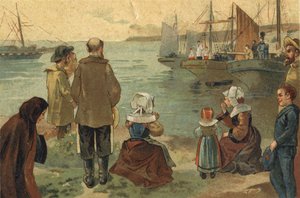 Ancienne coutume célébrée en Bretagne : la bénédiction des Terre Neuvas. Chromolithographie de la fin du XIXe siècle.