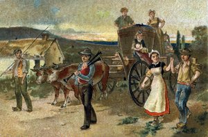Ancienne coutume célébrée dans la région de Bourgogne : Fête des vendanges. La dernière vendange. Chromolithographie de la fin du 19ème siècle.