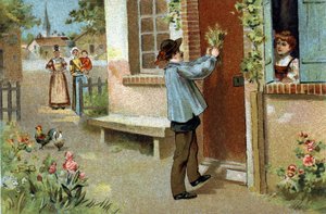 Ancienne coutume célébrée dans la région de Bourgogne : fête de mai. Chromolithographie de la fin du XIXe siècle.