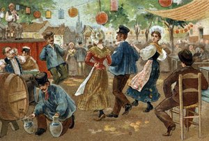 Ancienne coutume célébrée dans la région des Flandres : Foire flamande. Chromolithographie de la fin du 19ème siècle - Unknown artist