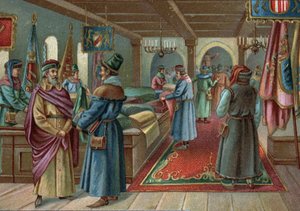 Anciens centres commerciaux : halles aux draps à Bruges, Belgique au XVe siècle. Chromolithographie de la fin du XIXe siècle
