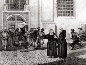 Le 31/10/1517, Luther affiche sur les portes du château de Wittenberg ses 95 thèses dénonçant la vente des indulgences et marquant le début de la Réforme - grav.