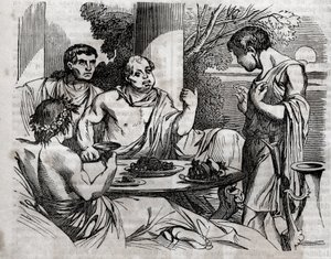 Scène de banquet en plein air - Vitellius (Aulus Vitellius Germanicus Imperator Augustus) empereur romain (15-69) donnant un festin - gravure dans « La Santé Universelle - Guide Médical pour les Familles » 1852.