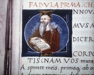 Ovide (Ovidio) (43 av. J.-C. - 17 ou 18 ap. J.-C.) représenté dans un manuscrit du 15ème siècle. Bibliothèque Municipale de Rimini