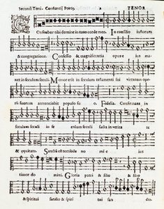 Page de partition musicale de Confitebor tibi Domine, psaume dédié à Palestrina par Costanzo Porta