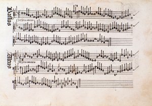Page de partition musicale de Harmonice Musices Odhecaton par Ottaviano Petrucci (1501)
