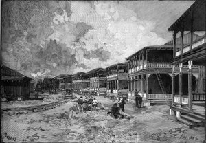 Canal de Panama. Rue de la nouvelle ville de Christophe Colomb à Colon : logements des ouvriers. Gravure dans "Le Monde Illustré"