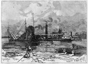 Travaux du canal de Panama. Principales machines : une drague et sa vanne. Gravure dans "Le Monde Illustré"