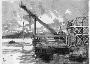 Travaux du canal de Panama. Principales machines : le ponton Bigue. Gravure dans "Le Monde Illustré" - Unknown artist