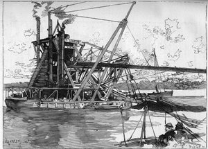Travaux du canal de Panama. Principales machines : la grande drague américaine. Gravure dans "Le Monde Illustré"