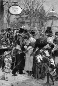 Paris : Semaine du paquet : les Parisiens font leurs courses et achètent des jouets pour les cadeaux de Noël. Gravure dans "Le Monde Illustré"