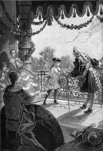 Paris, les Tuileries (1721) : Le roi de France Louis XV (1710 - 1774) se montrant sur le balcon des Tuileries. Gravure du 19ème siècle. Dans « Histoire de France » de Jules Michelet