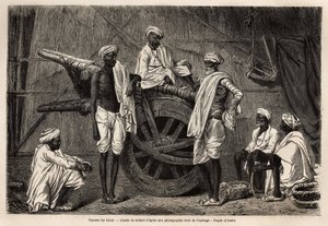 Paysans du Scind (région du Pendjab, Inde), à côté de leurs machines agricoles. Gravure pour illustrer le voyage au Pendjab et au Cachemire, récit par Guillaume Lejean, en 1866, publié dans « Le tour du monde, nouveau journal des voyages »