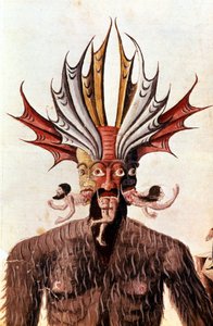 Représentation de Lucifer (diable) dans la "Divina Commedia" de Dante. Manuscrit du 14ème siècle. Biblioteca Trivulziana, Milan.