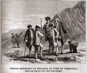 Périer mesurant la hauteur du baromètre (tube de mercure) par Evangelista Torricelli ou Toricelli au sommet du Puy-de-Dôme le 20 septembre 1618, gravure du 19ème siècle, collection Bianchetti - Unknown artist