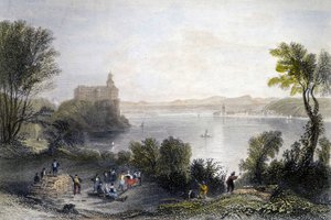 Château de Persenberg en Allemagne. Au premier plan, les travailleurs du bois au travail. Gravure du 19e siècle